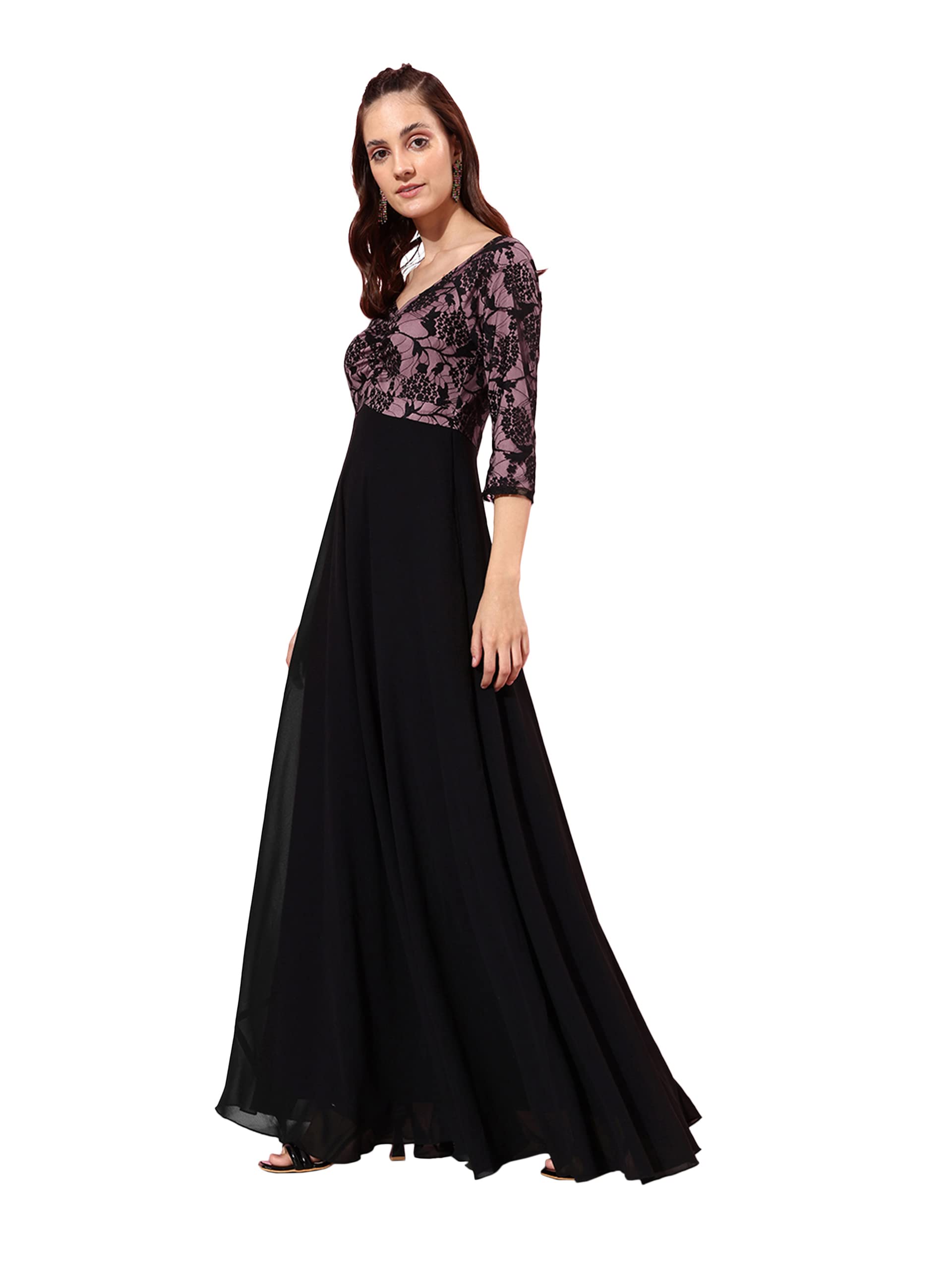 Miss Chase Women's Black And Lavender Sweetheart Neck 3/4 Sleeve Self Design Fit & Flare Maxi Dress (Mcaw22D99-77-245-03, Black And Lavender, S)