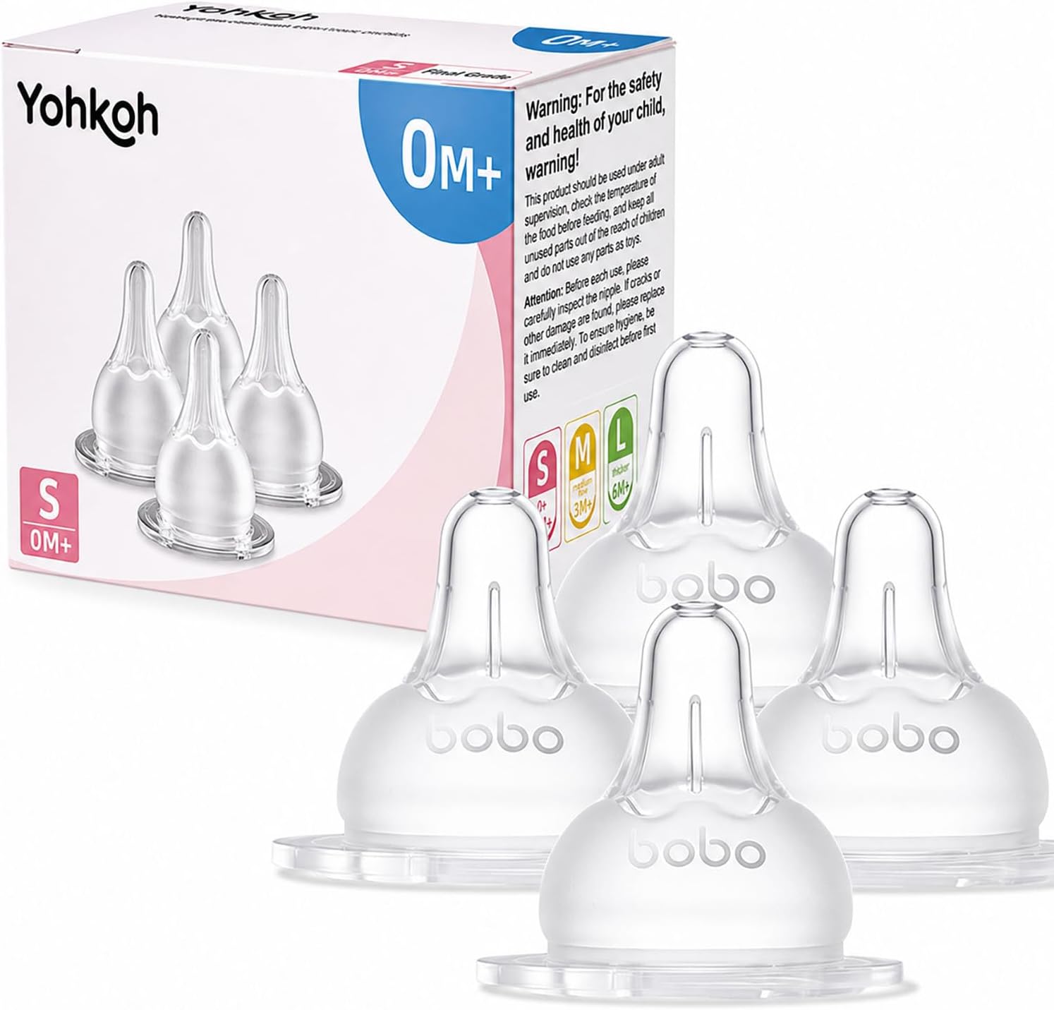 - YOHKOH Baby Bottle Nipples for Wide Neck Bottles, 100% Natural Feel Silicone Nipples, BPA-Free (0m+, S, 4 Counts)