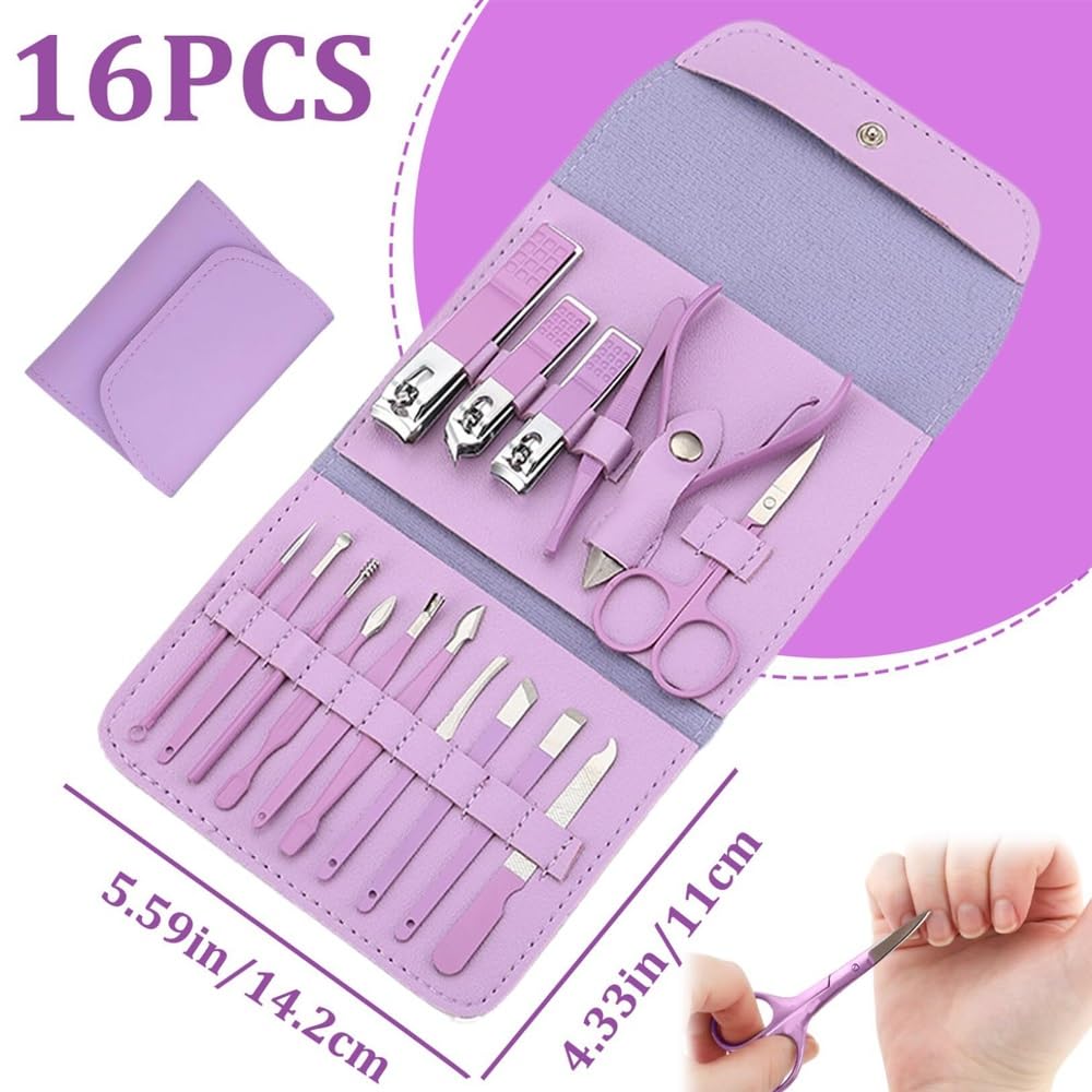 Maniküre-Set für Damen, Nagelpflege-Set, professionelles Maniküre-Set, Nagelschneide-Set aus Edelstahl for Männer und Frauen, Nagelknipser-Set mit Lederetui als Reisegeschenk (16 Stück)(Purple)