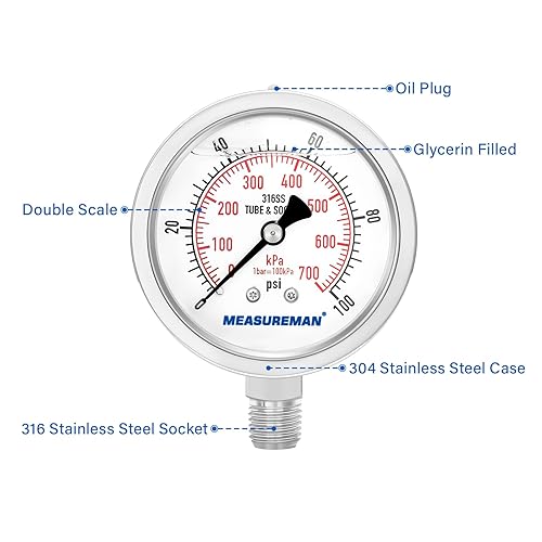 Miniatura 3 de MEASUREMAN - Manómetro hidráulico relleno de glicerina, totalmente de acero inoxidable, tamaño del dial de 2.5 pulgadas, montaje inferior NPT de 14