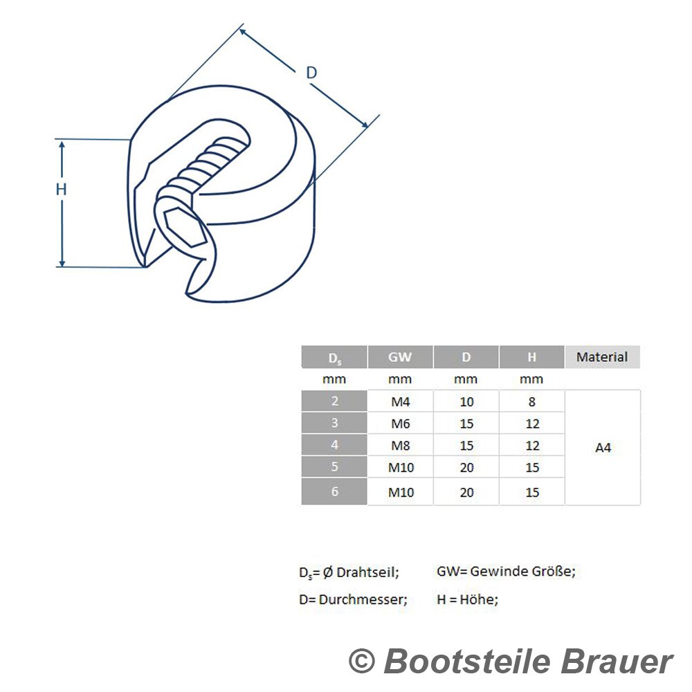 10 Stück - Klemmstopper 1-teilig - 6 mm - Edelstahl A4