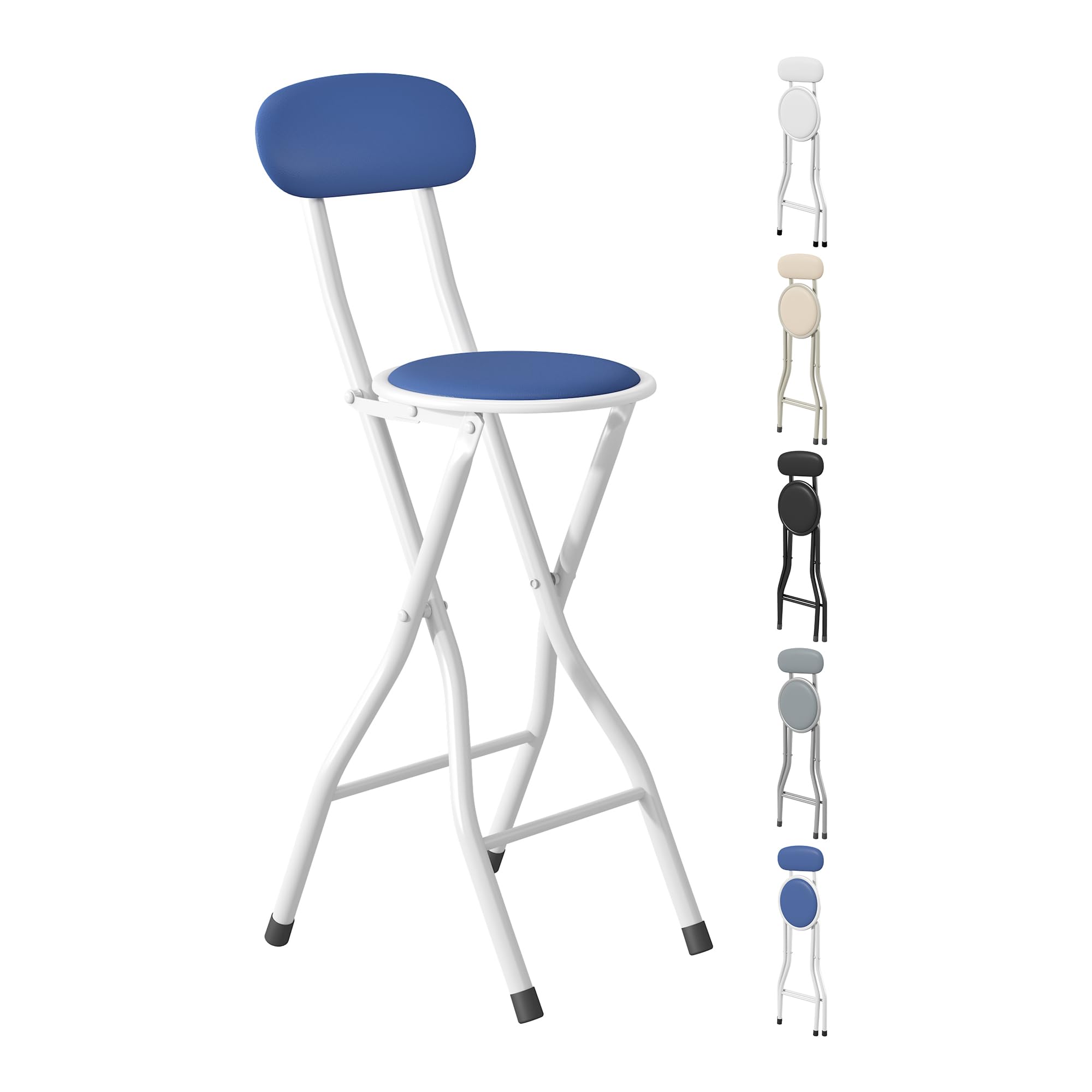 mcc direct Folding Bar Stool Set of 1, Breakfast Barstool Kitchen Restaurant Seating, Faux Leather Foldable Chair with Metal Frame, Padded High Chair(Blue)
