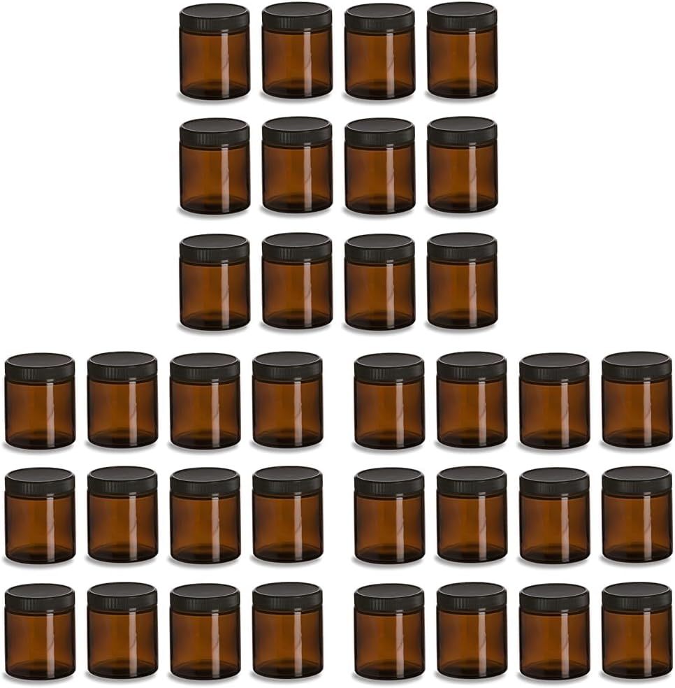 North Mountain Supply 6 Ounce Amber Glass Straight Sided Mason Canning Jars - With 63mm Black Plastic Lids - Case of 12 (Pack of 3)