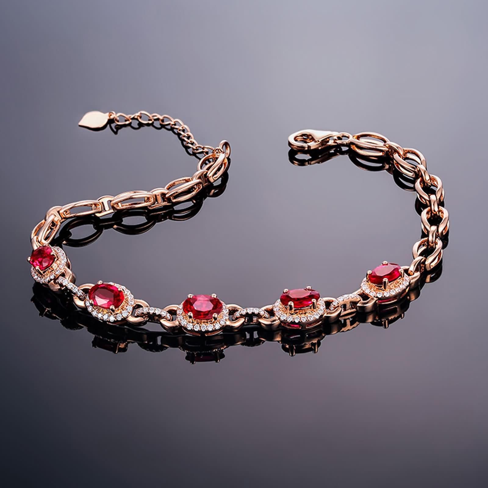 Pulseras Mujer Oro Rosa 9Kt / 14Kt / 18Kt, Oval con Rubí y Diamante, Cadena Extensible 16 CM + 5 CM, Pulseras Ajustable Mujer de Oro Rosa