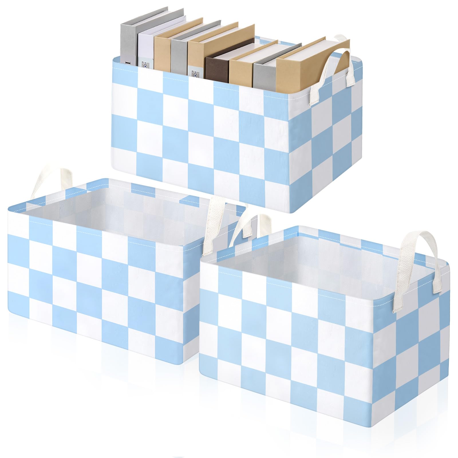 Boao 3 contenedores de almacenamiento a cuadros plegables grandes y rectangulares para regalos, cesta de lavandería de lona, caja plegable con asa para oficina, hogar, dormitorio, ropa (azul)