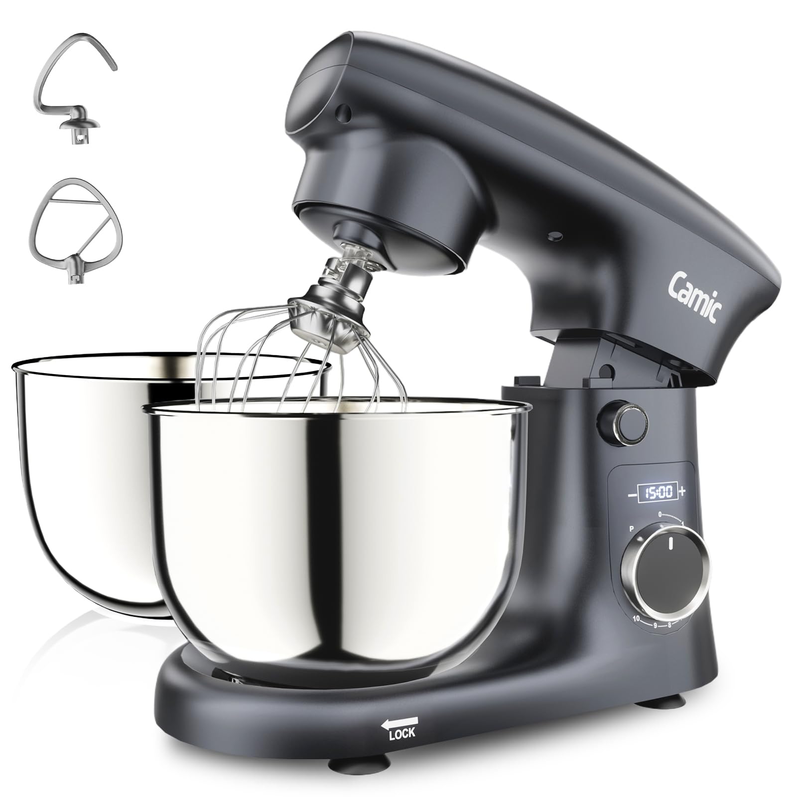 Camic Küchenmaschine mit LED-Display, Zeit Einstellen, Knetmaschine mit Rührhaken, Knethaken, Schlagbesen, 10 Stufen, 2 Edelstahlschüsseln 4L+5L, für Teig, Brot, Pizza, Kuchen