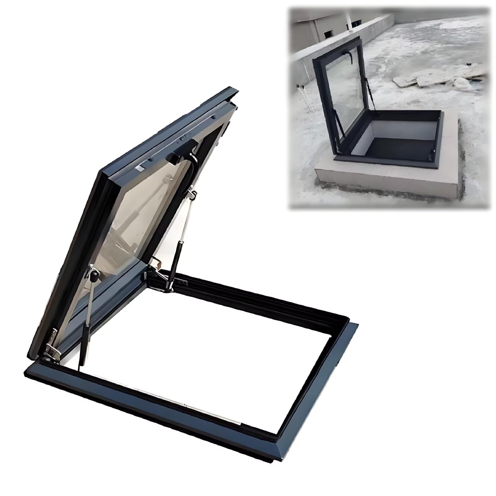 Okno dachowe Skylight Podwójna warstwa hartowane s Pokrywa ze stopu aluminium e i pręt hydrauliczny Ręczna wentylacja do piwnicy na poddaszu i pokoju słonecznegoRozmiary: 50.8 cm 66 cm 81.3 cm 91.4 cm