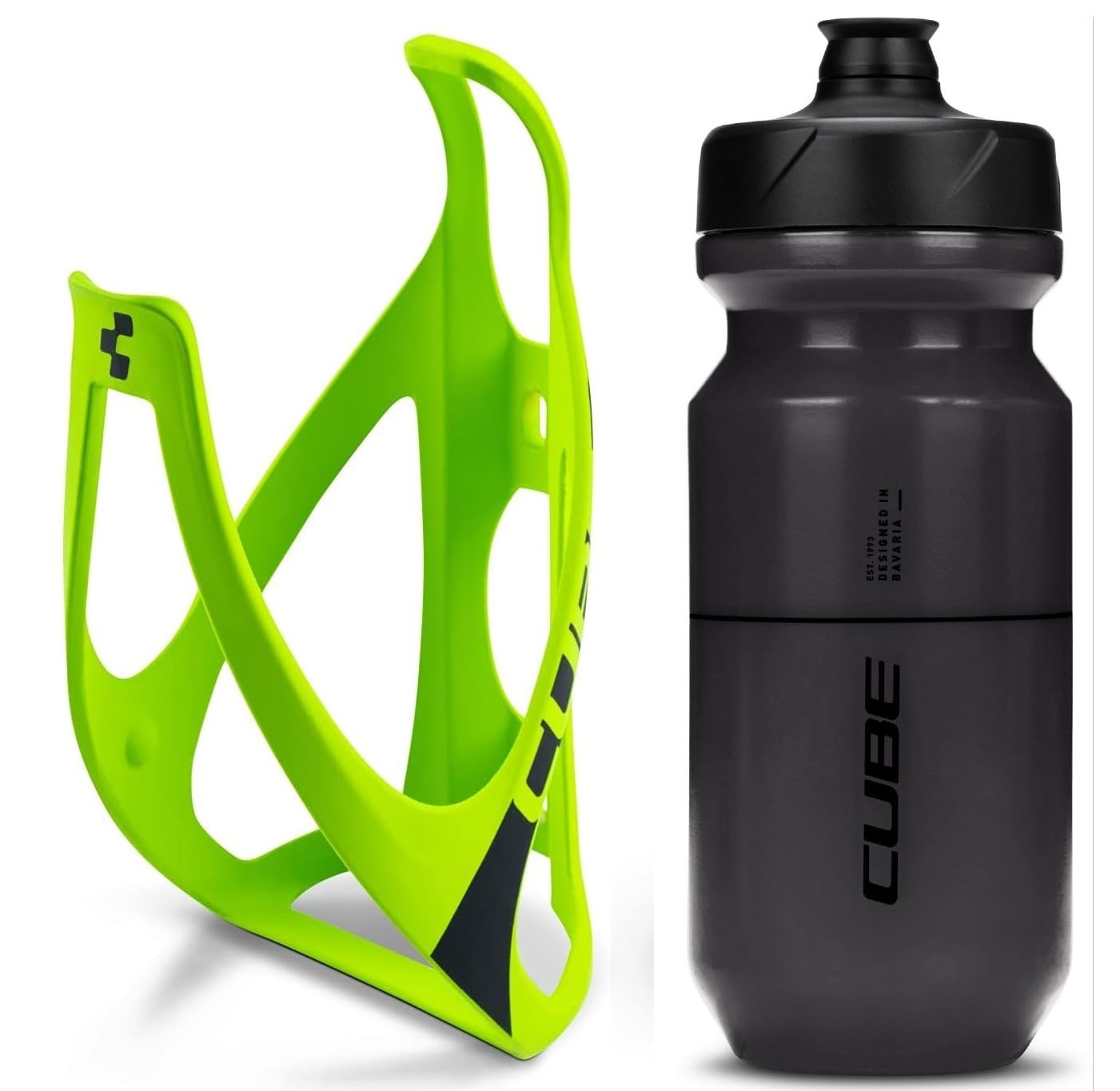 Cube HPP Cage - Neon Green/Black & Flow Bottle - Black, 500ml / Pair Kit Set Hydration Hydrate Drinking Drink Water Bidon Vessel Flask Holder Mount Bracket Bicycle Cycling Cycle Bike Accessories — image 1