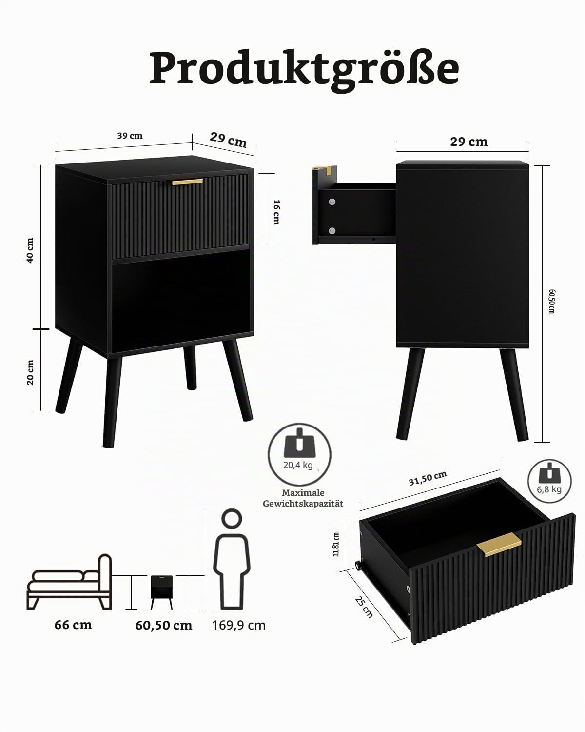 Nachttisch Holz, Beistelltisch mit 1 Schubladen und offenes Fach, Nachtschrank für Schlafzimmer, Wohnzimmer, 39x29x60CM, Schwarz