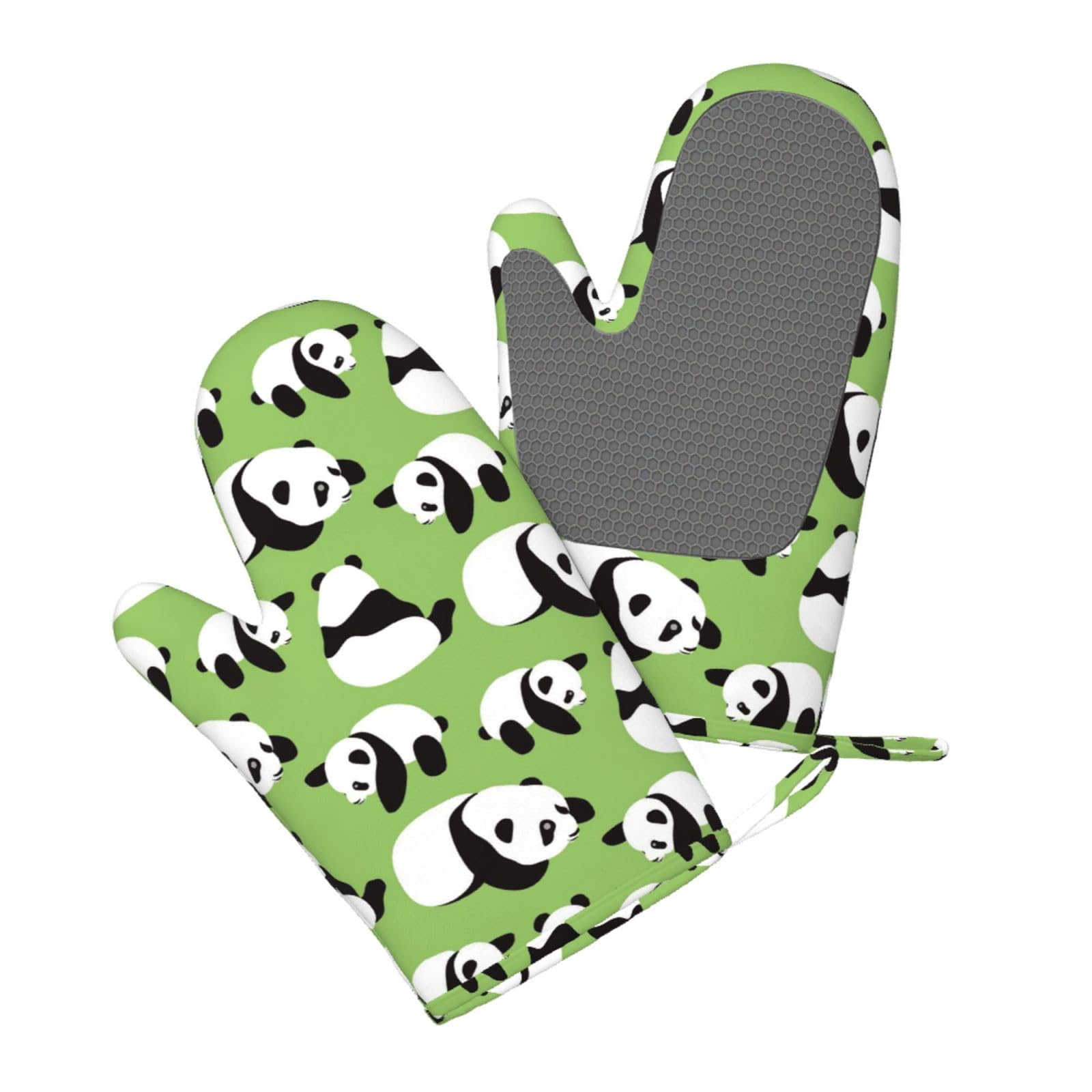 Aqrjlpo Women's Green Background Panda Silicone Oven Mitts Set 2Pcs, Printed Heat Resistant Non-Slip Silicone Oven Gloves For Kitchen Cooking Baking Microwave