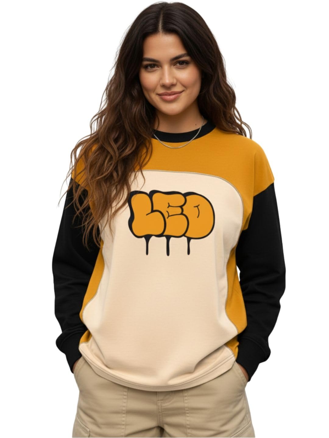 leotude Full Sleeve Cottonblend Oversized Tshirt for Women, Round Neck Printed Drop Shoulder Baggie Tops for Women's (Color Black)-picture-11