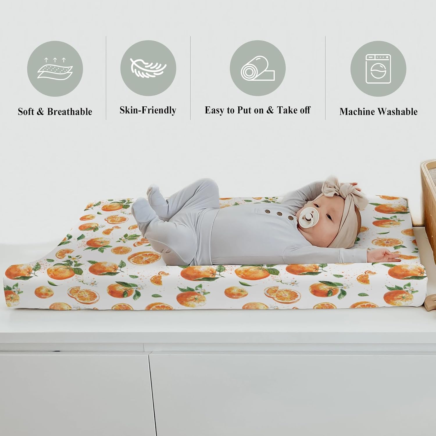 Watercolor Oranges Baby Changing Pad Covers for Boy Girl Orange Branches Flowers Leaves Fitted Changing Table Cover Mats Summer Citrus Fruit Soft Diaper Change Table Sheets for 32''×16'' Contoured Pad