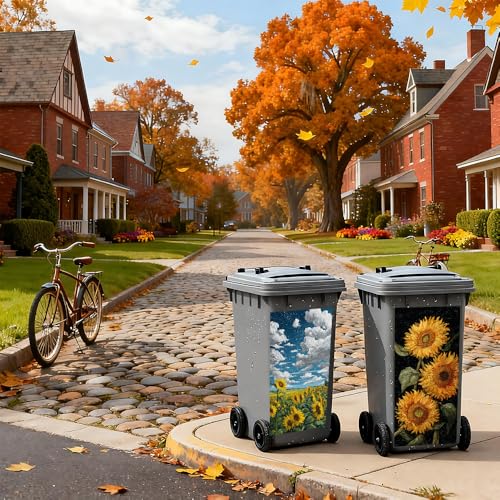 Image of 2 PC Trash Can Sticker 14.57 x 32.28 Inch Sunflower Floral Design Vinyl Sticker with Trio Bloom Field Sky and Cloud Pattern for Outdoor Garbage Bin Garden Yard Driveway Home Decor