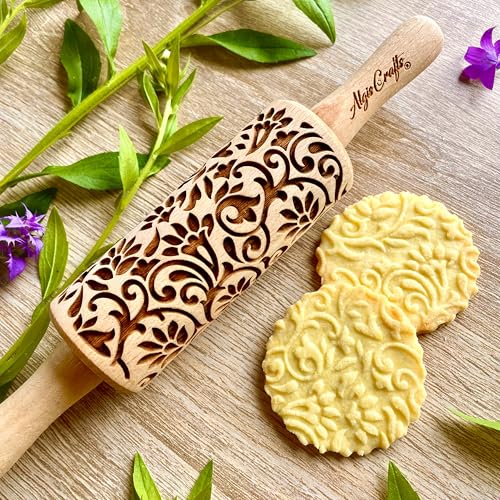 Bambini Mattarello Decorativo per Biscotti VITE FIORITA | Mattarello Inciso | Regalo di compleanno per bambino | Rullo per Biscotti e per Modellare | Mattarello Legno Goffrato di Algis Crafts