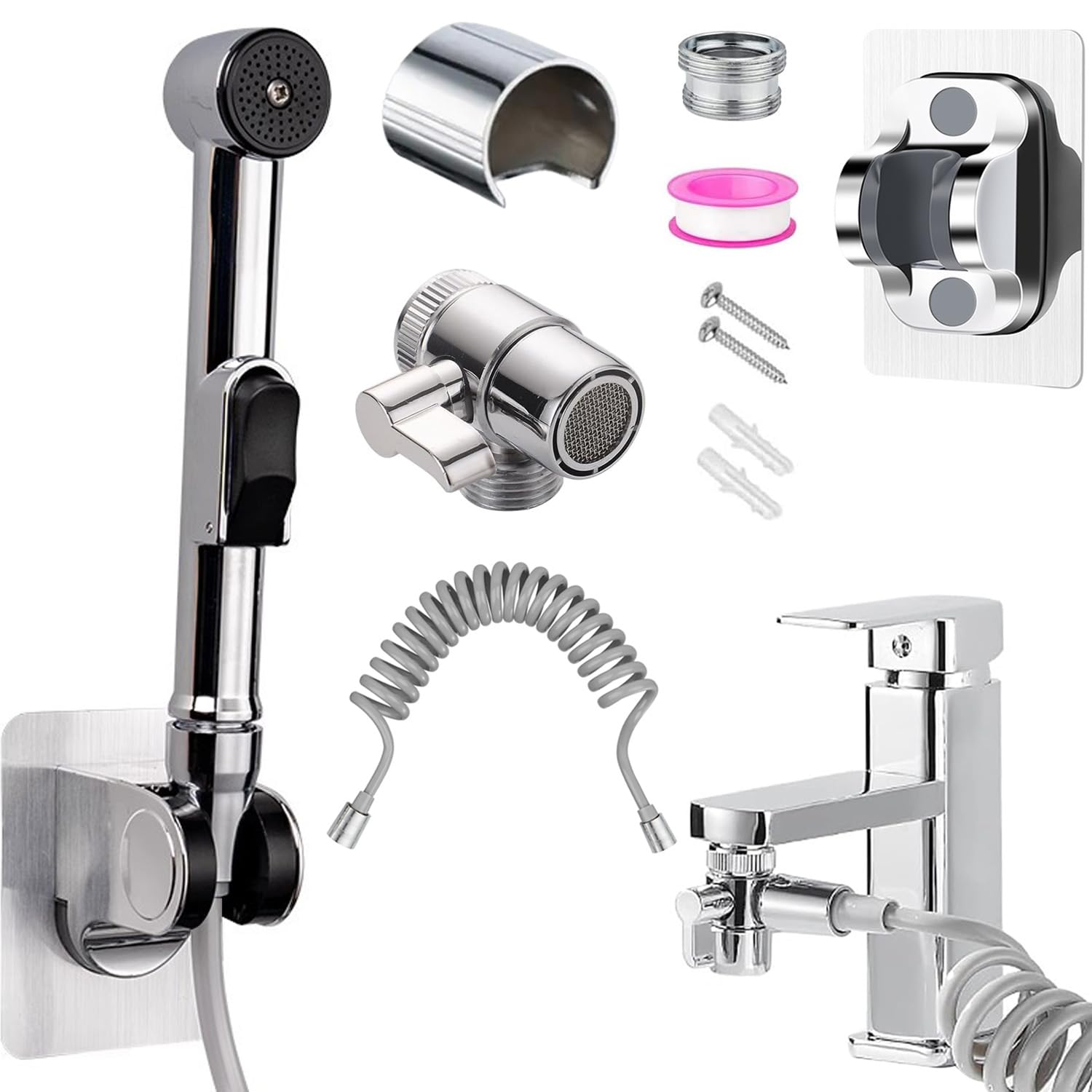 Doccetta per Bidet Doccetta per Lavandino Kit Include Spruzzatore per WC, Deviatore per Rubinetto, Tubo Doccia Estensibile 2m, Perfetto per Igiene Personale Doccia Bagno WC