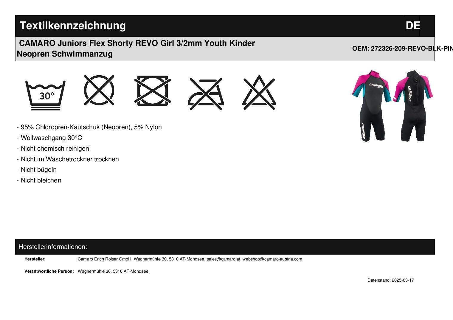 CAMARO Junior´s Flex Shorty REVO Girl 3/2mm Kinder Neoprenanzug Schwimmanzug