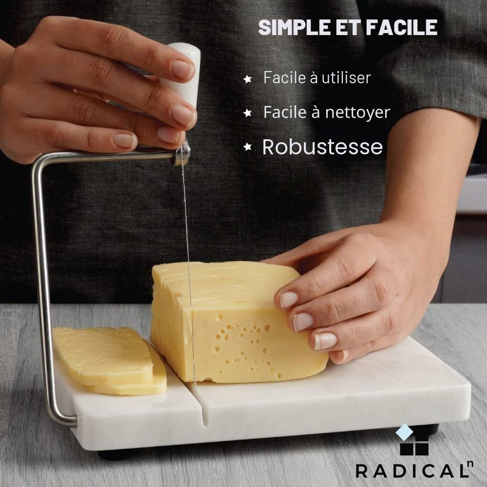 Radicaln Trancheuse à fromage, aliments mous en marbre blanc, planche à découper artisanale avec fil métallique - Coupe-légumes, 4 fils de rechange, 20,3 x 12,7 cm