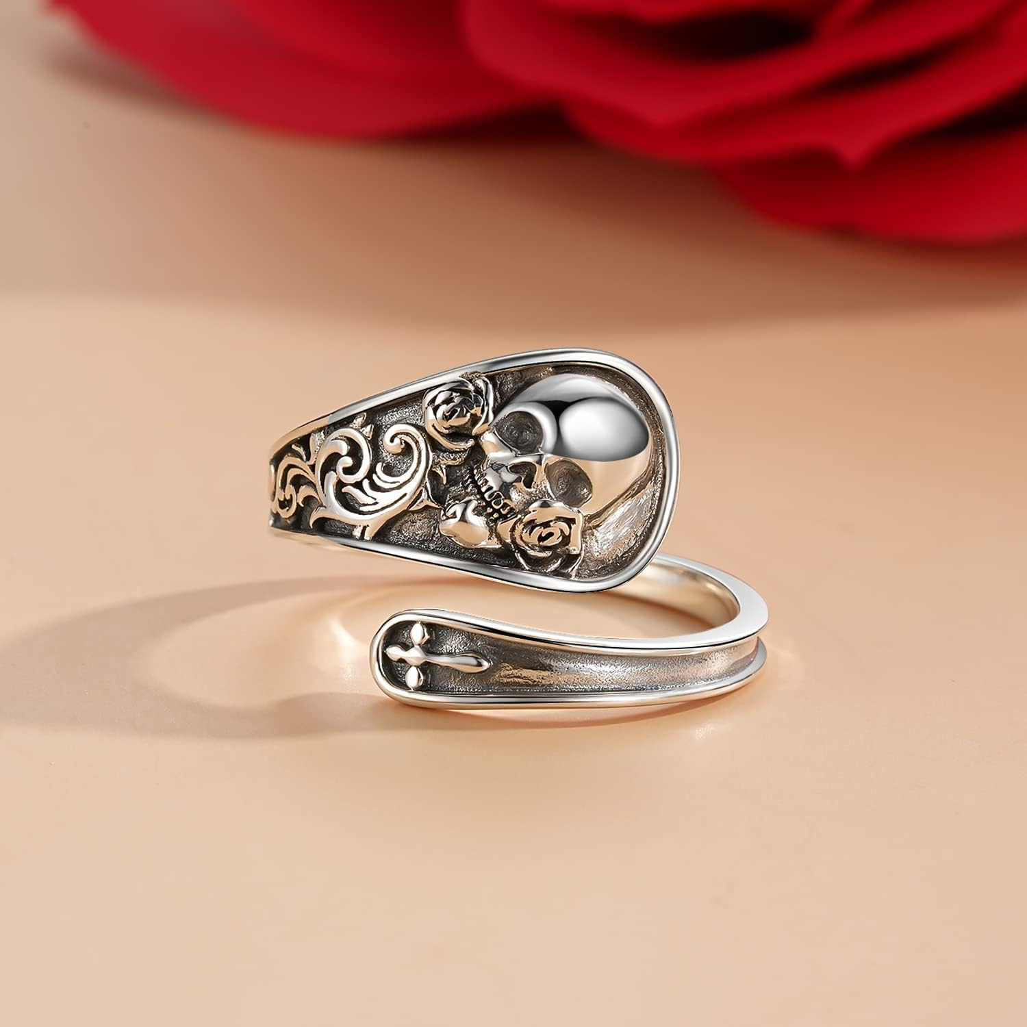 Skull Ring 925 Sterling Silver Spoon Rings Gothic Skeleton Adjustable Statement Ring Vintage Jewelry for Women Anniversary Gothic Girlfriend Wife