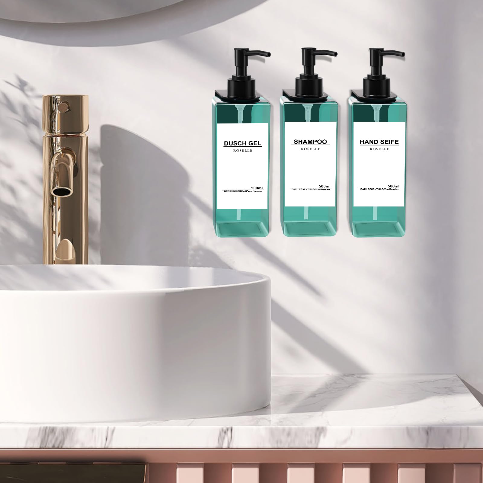 Roselee 3er-Set Wand-Seifenspender – 500ml, Kein Bohren Nötig – Für Bad & Küche, Mit Aufklebern & Trichter
