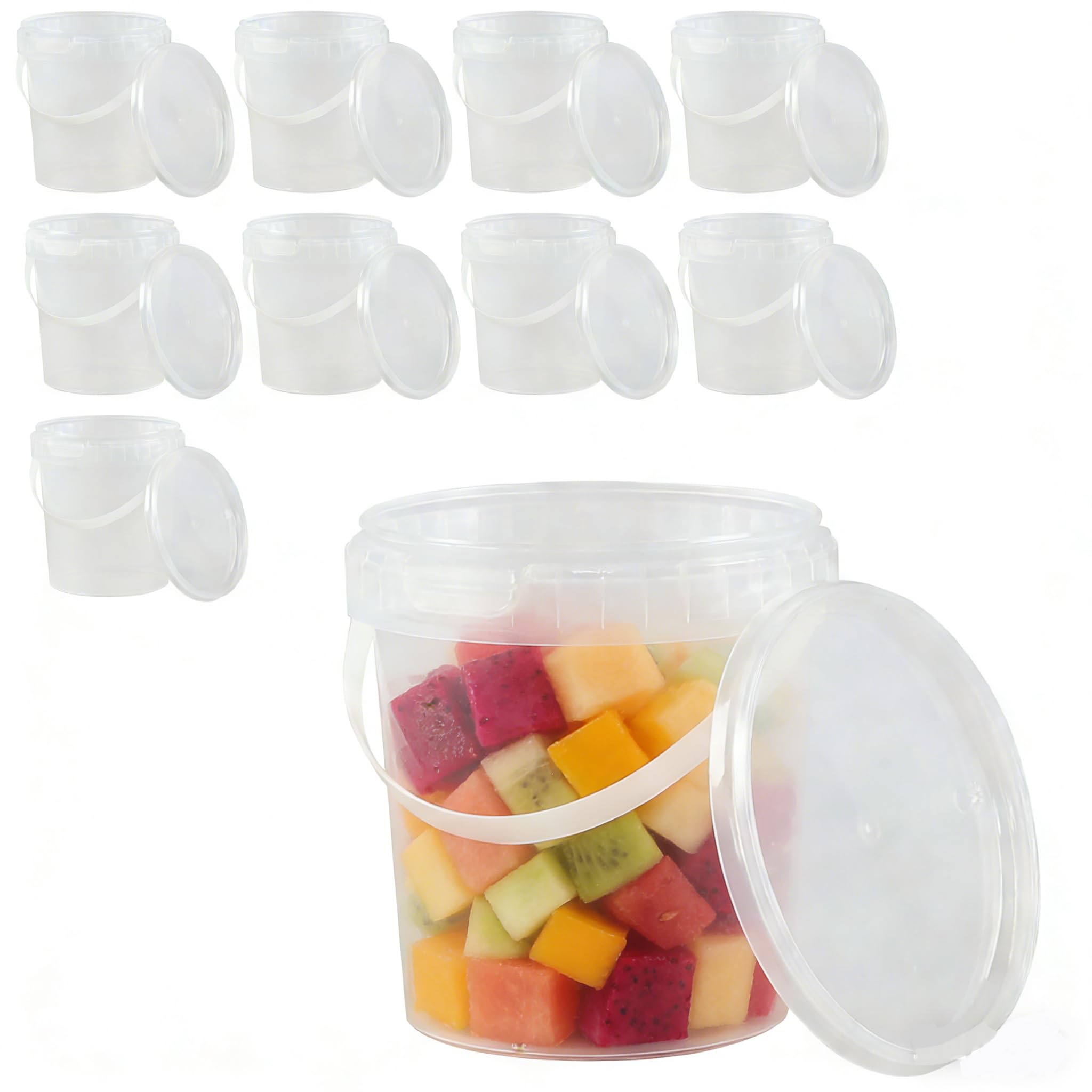 Xyskin 10 Pack Round Plastic Bucket Food Storage Containers, 28 oz Ice Cream Buckets with Lid and Handle, Clear
