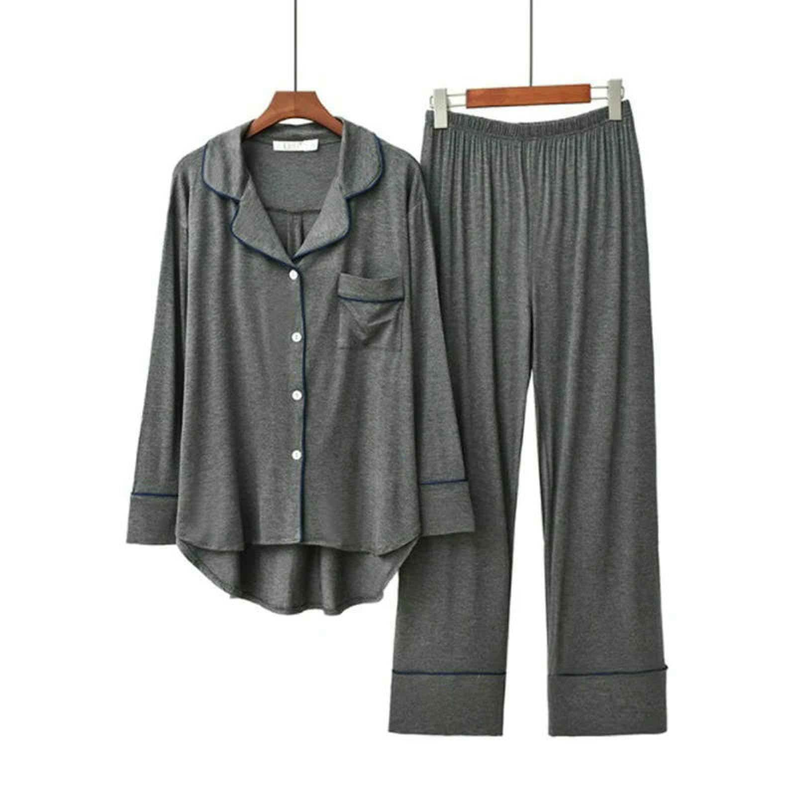 Pigiama 2 Pezzi da Donna Manica Lunga Modale Sciolto Traspirante Morbido Abito Abbigliamento Casa Confortevole-Grigio Scuro-s
