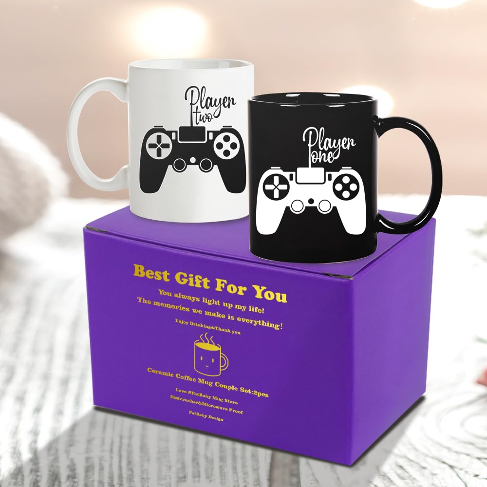 Fatbaby Mug avec inscription « Player One Player Two Gamer » - Cadeau pour couple - Cadeau pour petit ami, petite amie, Saint-Valentin, anniversaire, Noël - 325 ml