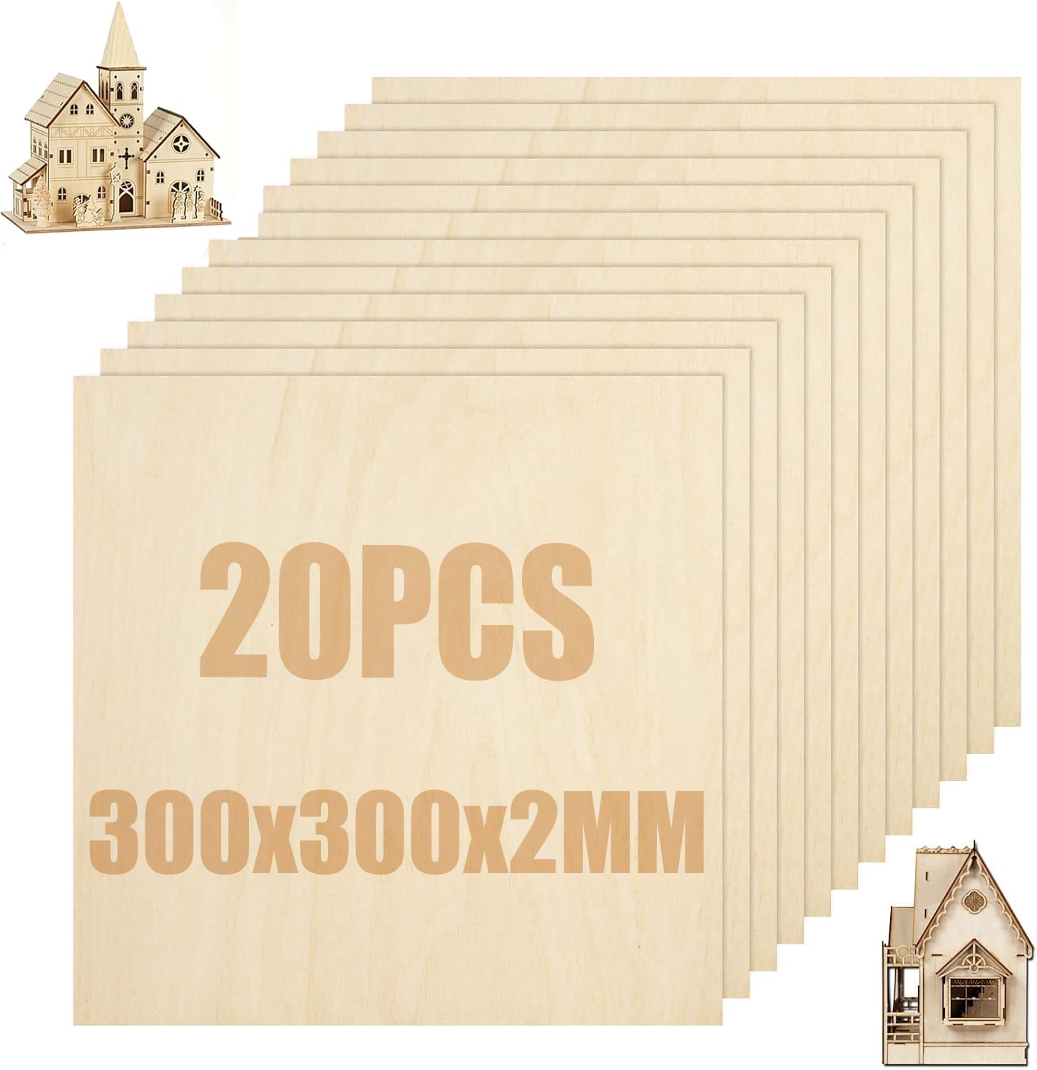 SENENQU 20 Pezzi Compensato 2mm, Fogli di Legno di Balsa 300 x 300 mm, Pannello Compensato in Tiglio per Artigianato Fai da Te, Taglio Laser, Pirografia e Modellismo
