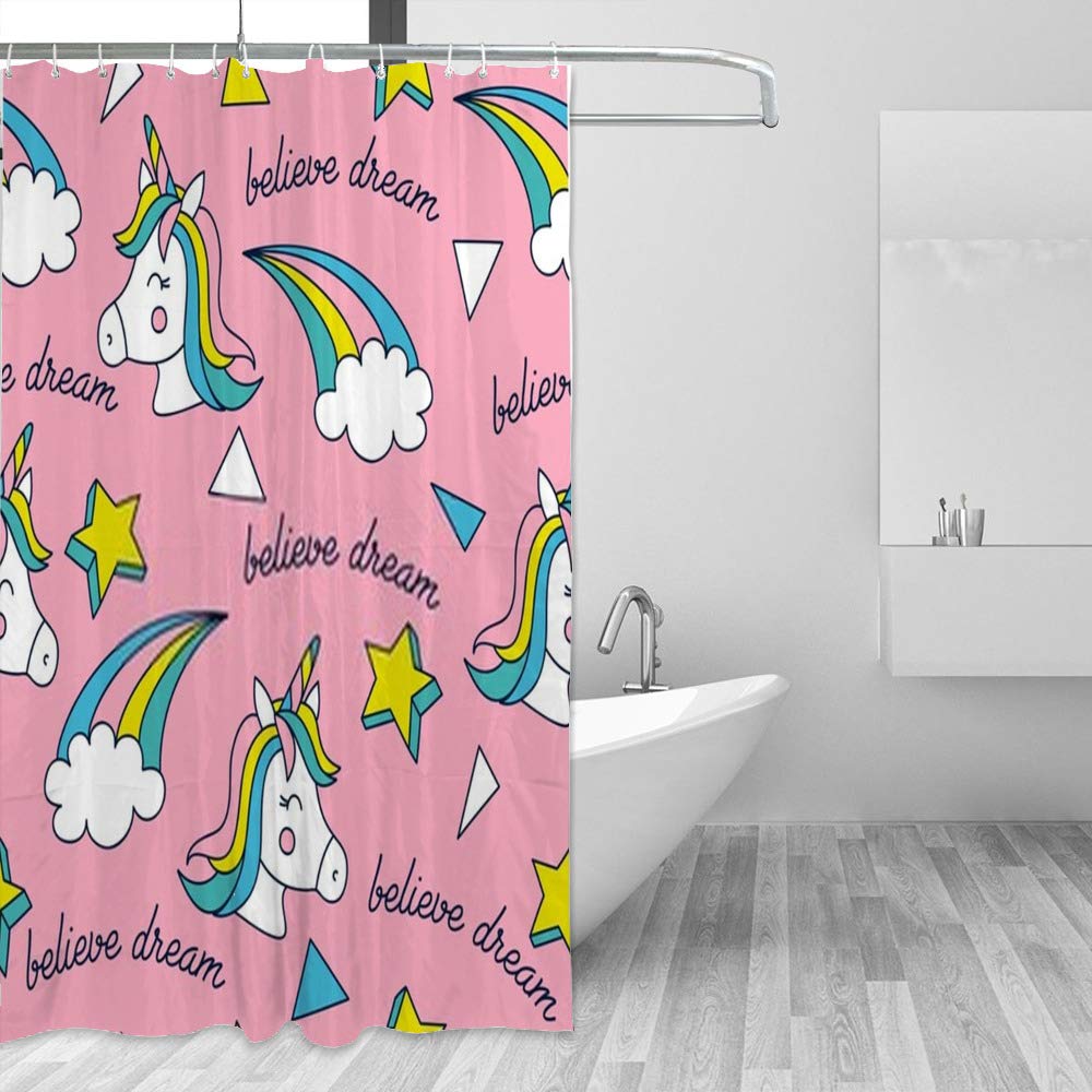 Rideau de douche licorne anti-moisissure en polyester avec 12 crochets