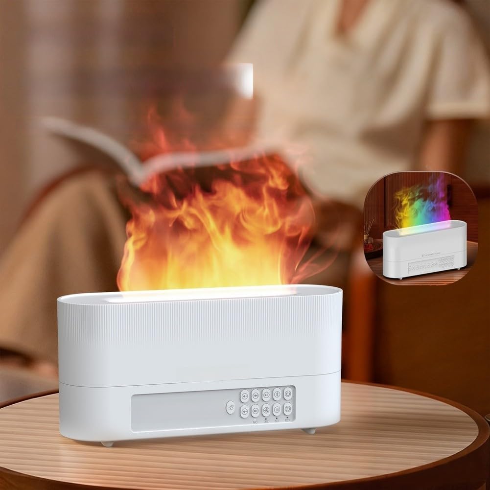 Diffuseur d'aromathérapie avec effet de flamme simulée, bruit blanc, lumière d'ambiance avec minuterie d'arrêt automatique pour chambre à coucher, sommeil, détente à la maison, au quotidien (blanc)