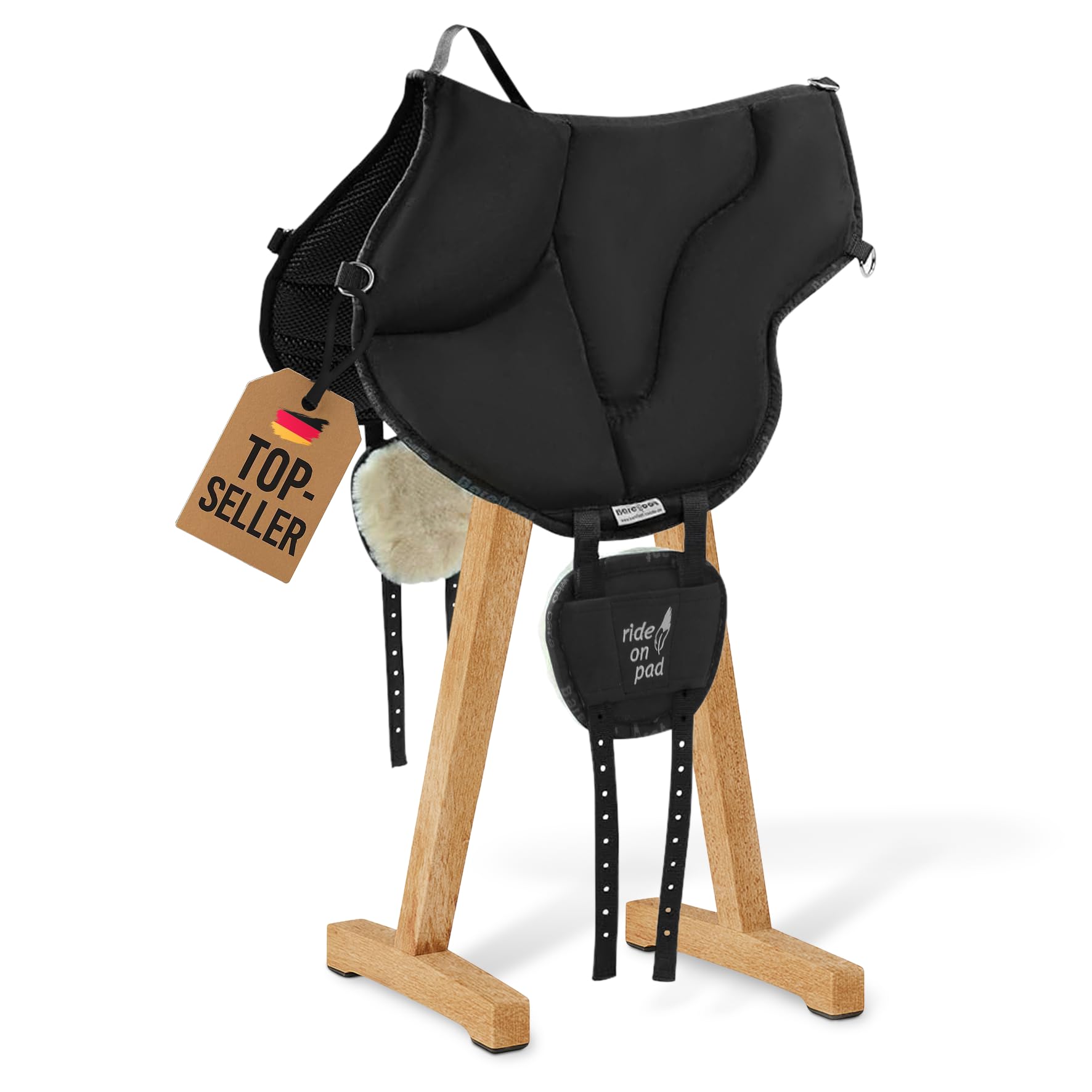 Barefoot Ride-On-Pad schwarz – Pferdefreundliches Reitkissen mit V-Gurtung – rutschfeste Mikrofaser-Oberfläche & Schafwoll-Patches – Größen für Erwachsene