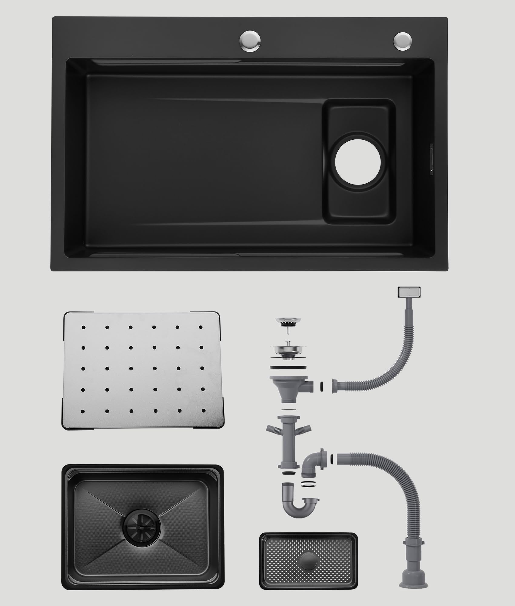 Fregadero Cocina Negro Acero Inoxidable 70×45cm,Fregadero Cocina 1 Seno,2 Orificios para Grifo,Kit Completo con Canasta,Bandeja de descongelación,Cestade Desagüe,Sifón