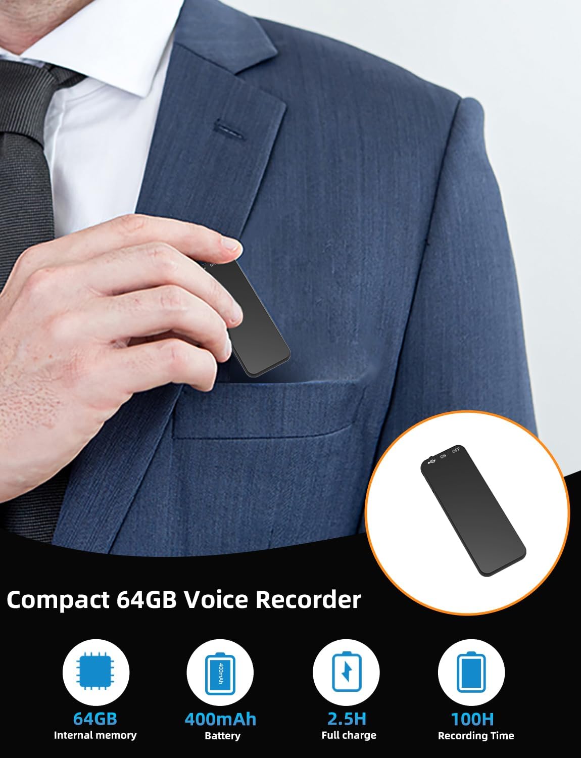 V53 64GB Portable Voice Recorder Device (110Hrs-400mAh), Vormooi Professional Voice Recorder with AI-Intelligent Noise Reduction, 1536Kbps Voice Activated Recorder for Lectures Meetings