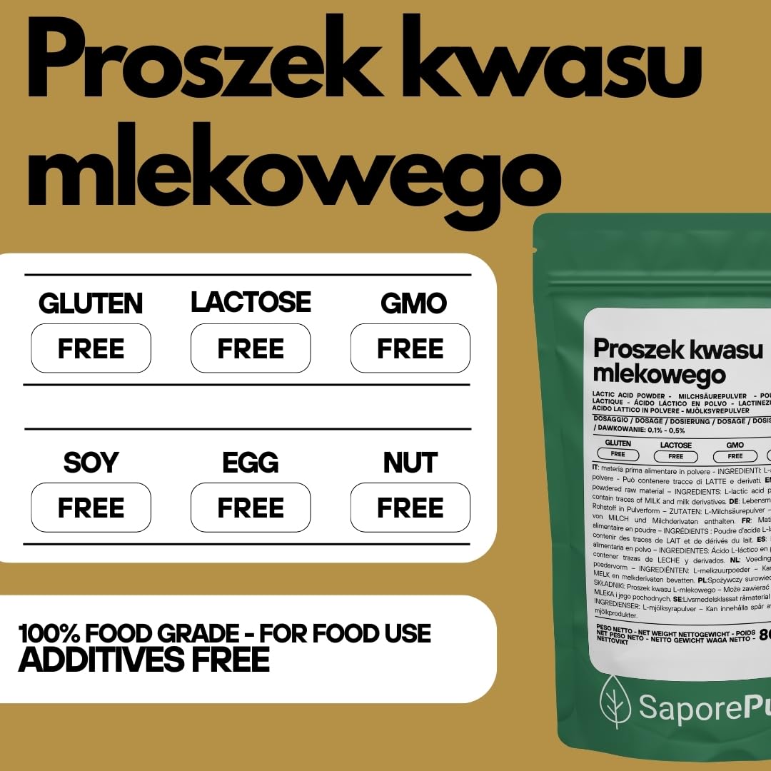 SaporePuro Kwas Mlekowy w Proszku 80 g – Czysta Jakość Spożywcza – Do Piekarnictwa, Nabiału, Napojów Fermentowanych i Zastosowań Kosmetycznych