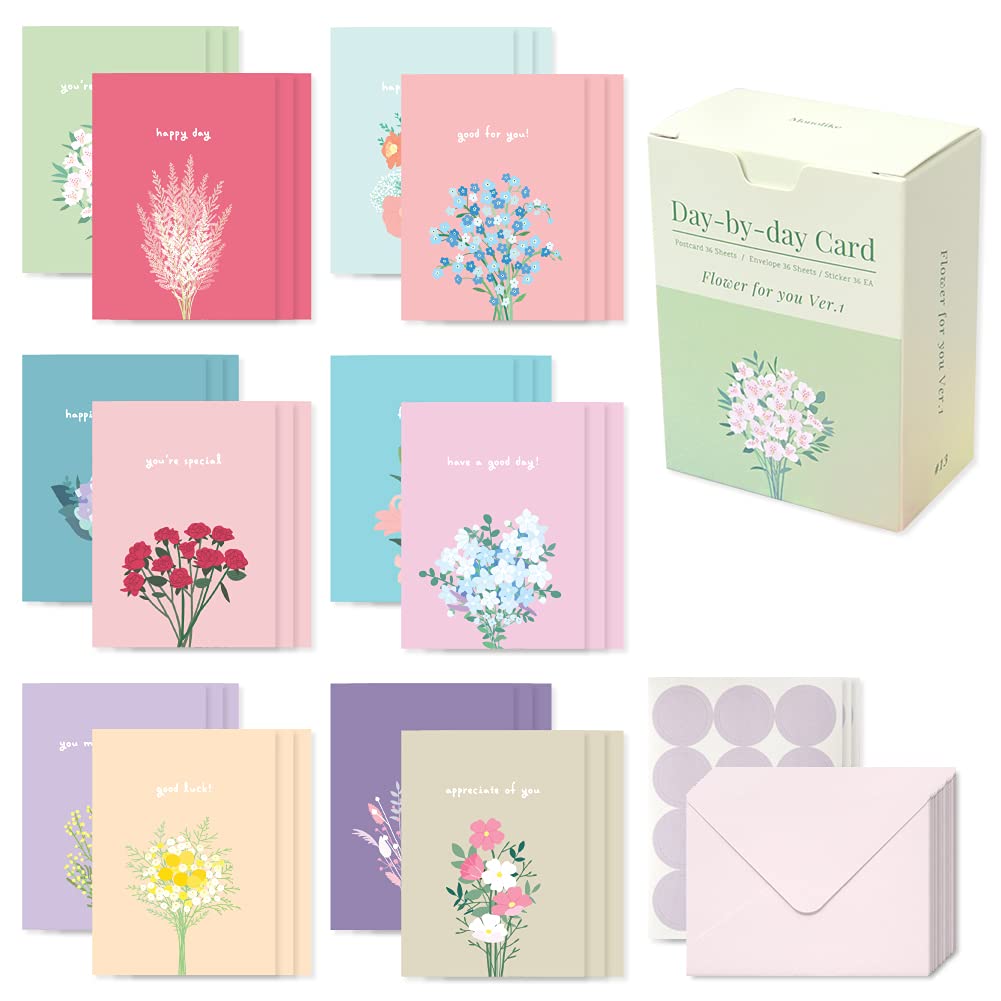 Monolike Day-by-day Card, Flower for you ver.1 - Mix 36 Mini Single cards, 36 envelopes, 36 stickers Package