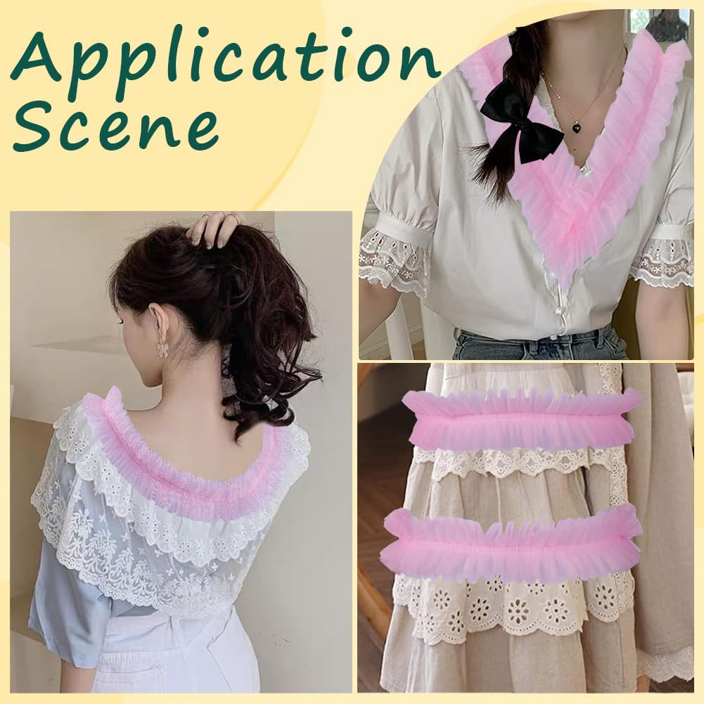 GORGECRAFT 10 Yards 6cm Wide Pleated Lace Trim Embroidery Ruffle Organza Edge Trim Ribbon Gathered Tulle Fabric Applique Edging Trimmings for Sewing Bridal Dress Costume Decoration Craft Pink