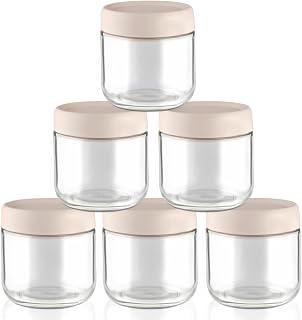 6 Pcs 300ml/10oz Glass Jars Wide Mouth Glass Food Storage Containers Overnight Oats Containers with Lids for Snacks Yogurt Powder Liquid - Beige