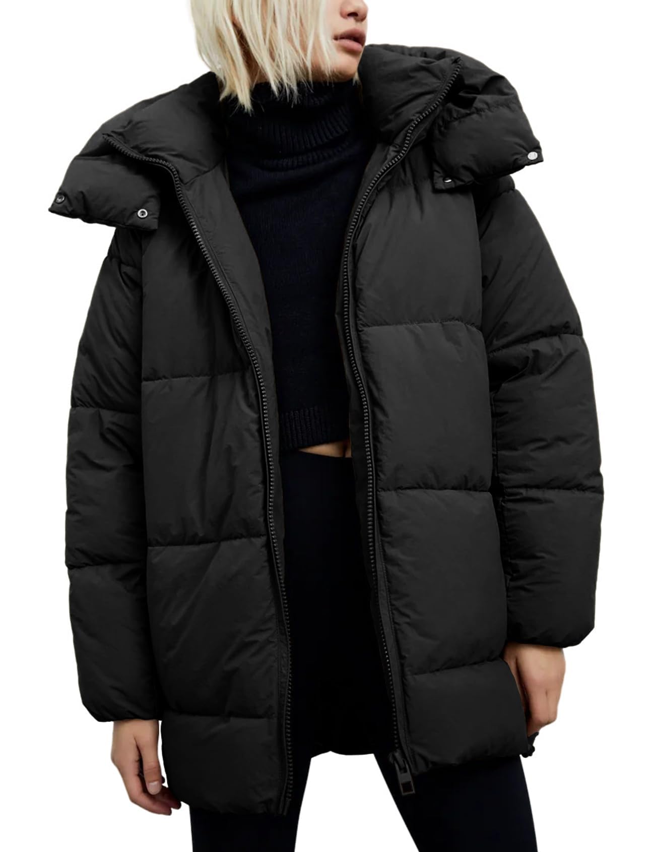 Womens Quilted Puffer Coat Hoodie Winter Oversized Mid-Length Padded Down Jacket Warm Heavyweight Bubble Outerwear