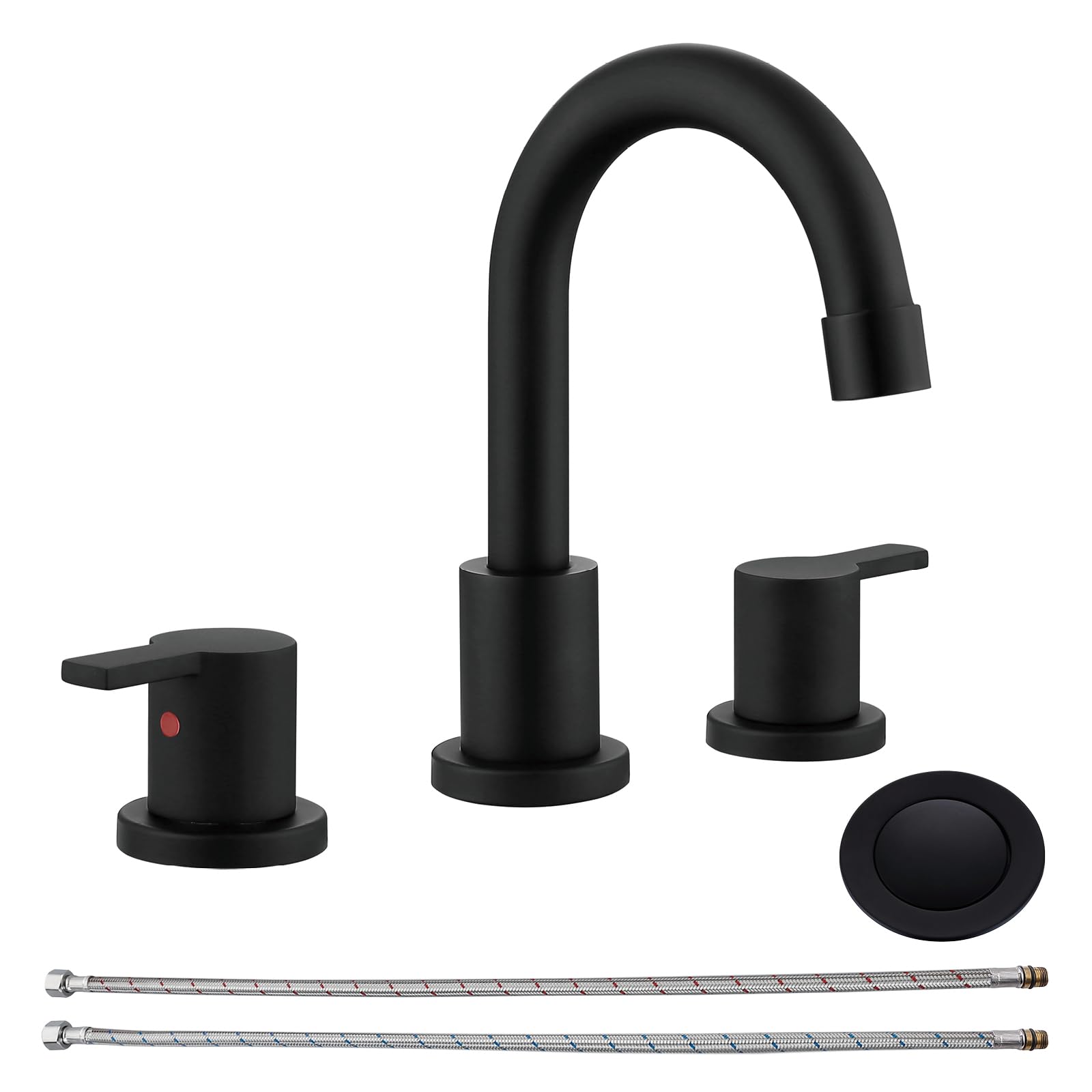 RKF Bathroom Sink Faucet 3 Hole Matt Black 8 Inch Widespread With Drain Double Lever Handle Vanity Basin Mixer Tap Hose&Deck WF015MB