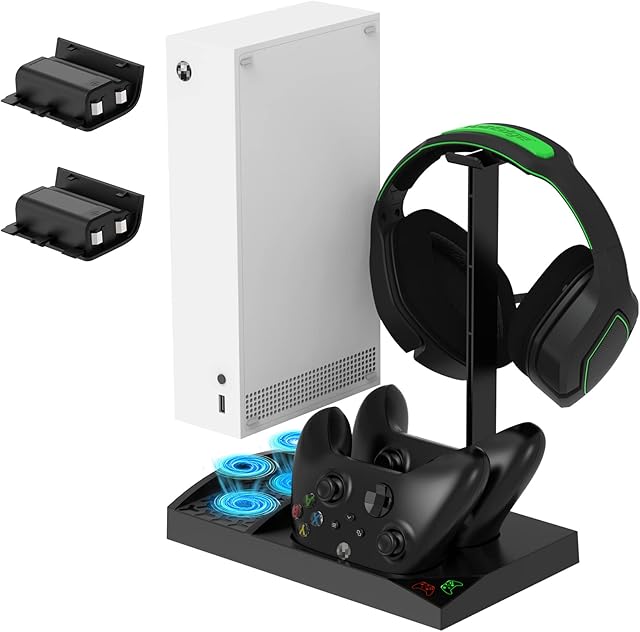FASTSNAIL Charger Stand for Xbox Series S Controller and Console with Cooling Fan,for Xbox Series S Game Accessories with 2x1400mAh Battery Pack,Dual Controller Charging Dock Station & Headset Holder