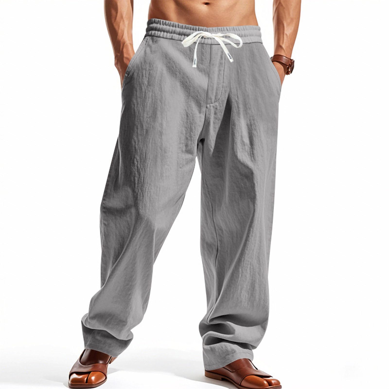 Mens Straight-Legs Elastic Waist Drawstring Lightweight Trousers Linen Pants Casual Summer Beach Pants with Pockets