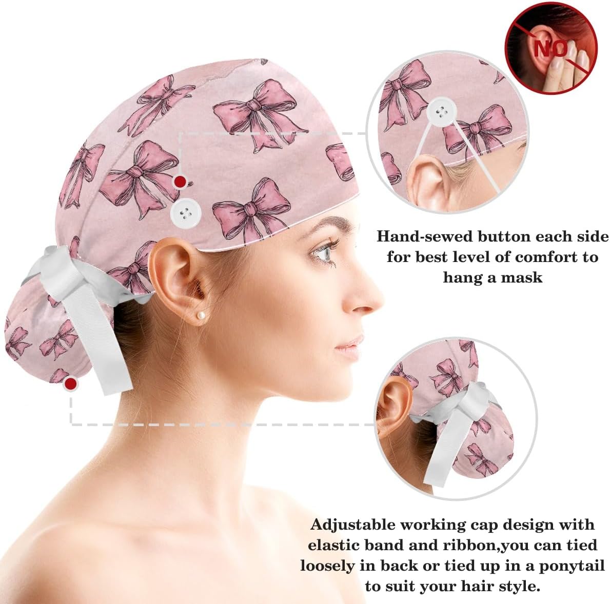 Pink Bow Scrub Caps Women with Button, Adjustable Working Caps with Ponytail Pouch, Surgical Cap with Bow Hair Scrunchy