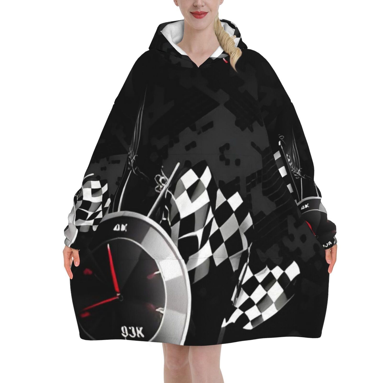 Cowmmwoc Unisex 3 D Graphic Checkered Flag Racing - Women's Blanket Hoodie - Super Soft, Oversized Wearable Hoodies For Adults, Warm Flannel Hooded Sweatshirt With Big Kangaroo Pocket