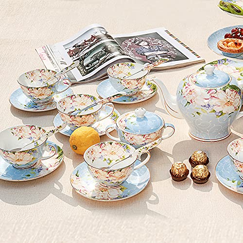 Tea Set, Tea Set Porcelain Sets for Women Adults 15 Pieces Cup and Saucer for 6 with Creamer and Sugar Bowl(Blue)
