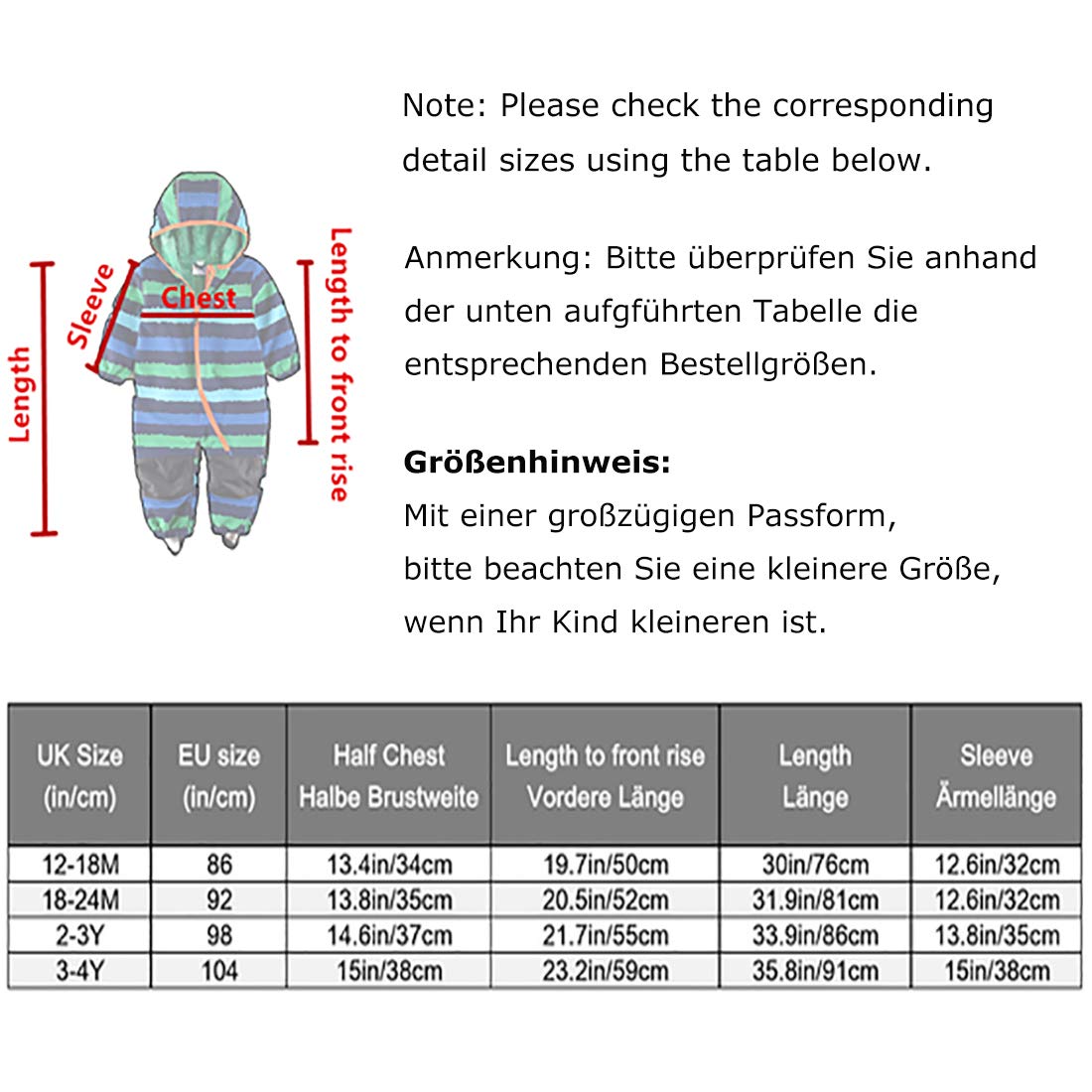 Combinaison à Capuche Imperméable Bébé Garçon et Fille avec Doublure Molletonnée Tout-en-Un pour Landau et Jouer dans la Boue 18 Mois à 4 Ans