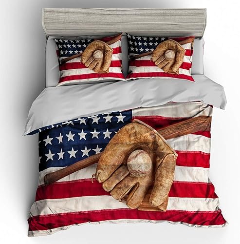 Miniatura 2 de Juego de edredón de béisbol con bandera estadounidense 3D, tamaño matrimonial, ropa de cama deportiva para niños