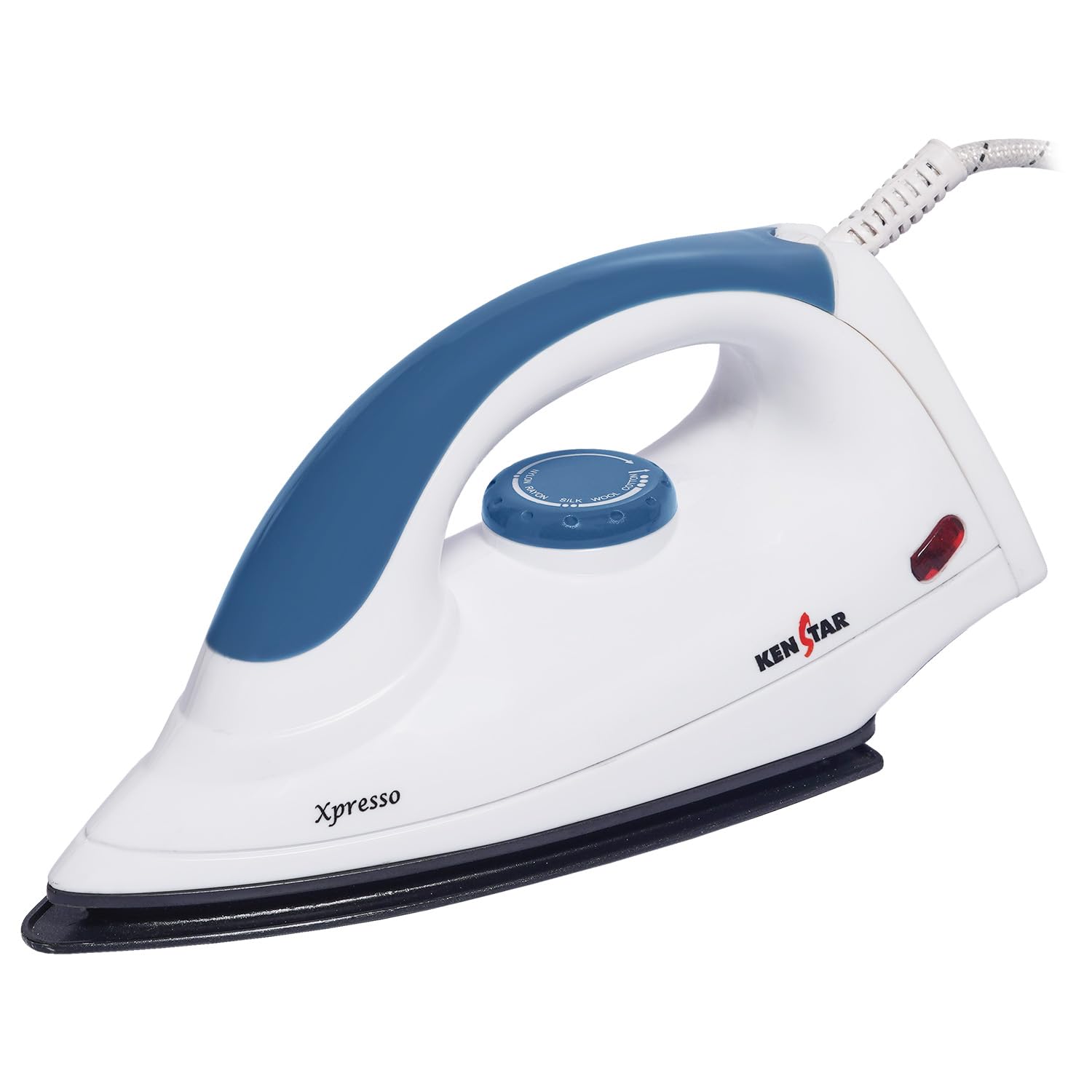 Kenstar XPRESSO 1000W Dry Iron | Non-Stick PTFE Soleplate | Auto Cut-Off & Fabric Selector | 180° Swivel Cord | Blue & White discount deal