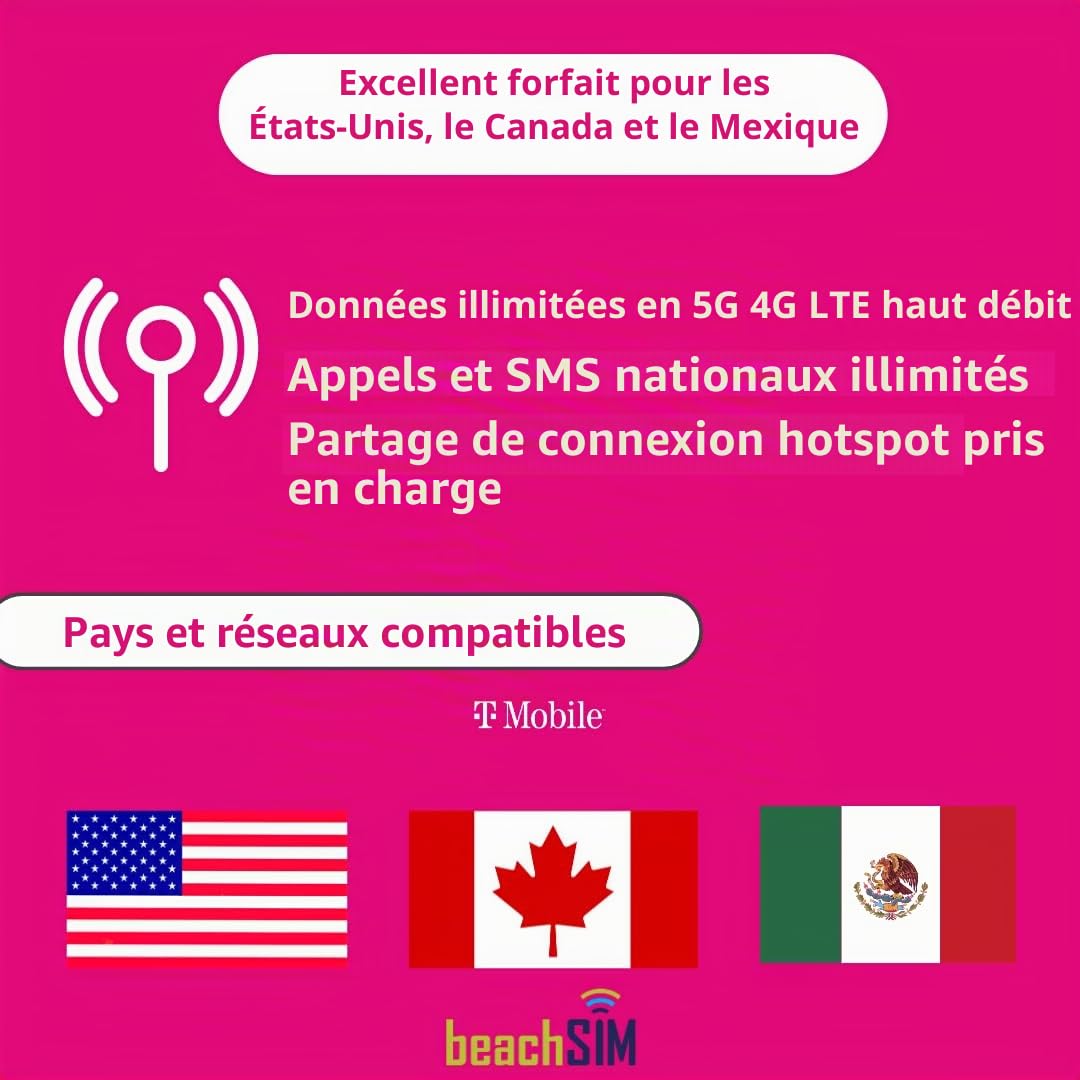 T-Mobile USA SIM Données illimitées 5 Go Canada/Mexique & Appels & SMS (États-Unis & Canada & Mexique - 30 Jours)