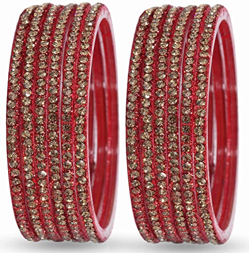 Image of NMII Glass with Zircon Gemstone and Beads Studdded Glossy Finished Traditional Bangle Set For Women and Girls