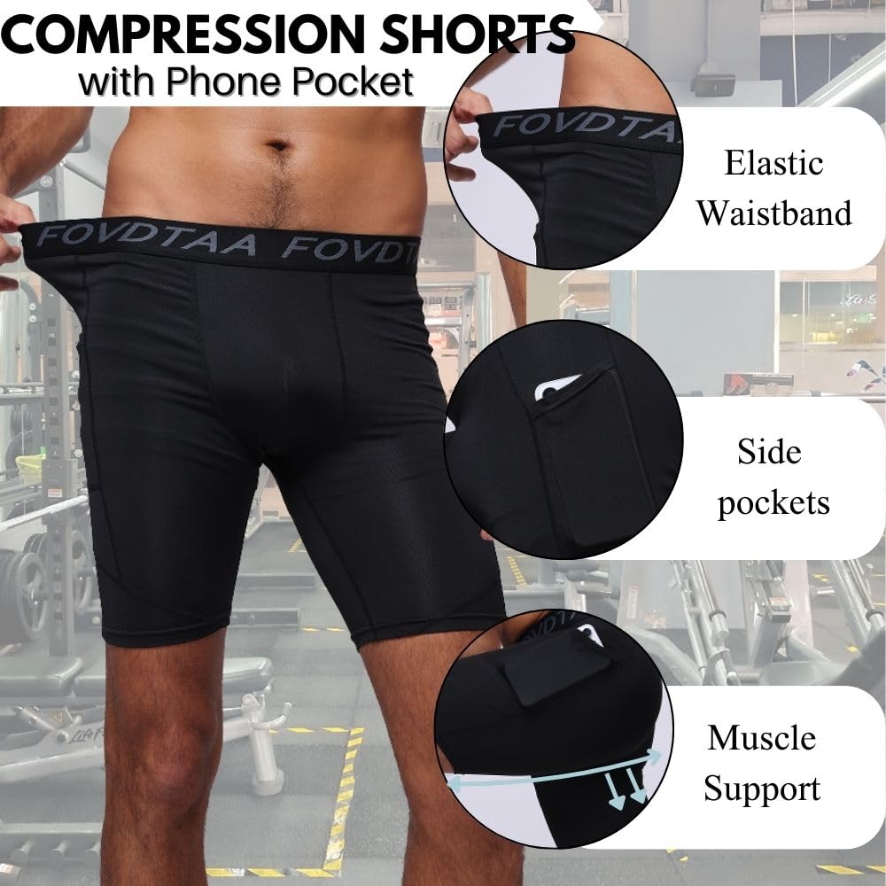Lot de 5 shorts de compression pour homme, à séchage rapide, respirants, avec poche pour téléphone portable