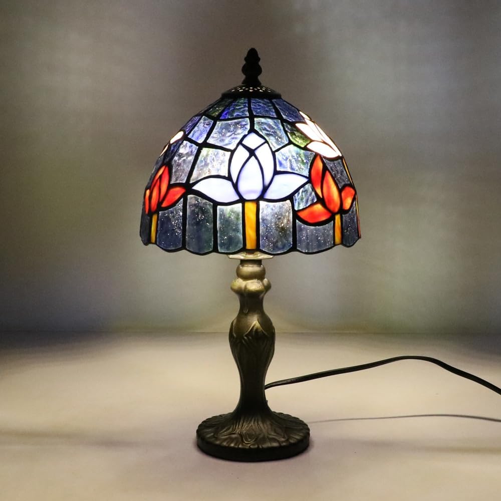 Tiffany Style Table Lamp for Lounge, 8 Inch Vintage Red Purple Flower Lamp Bedside Bedroom, Handmade Stained Glass Lamps for Living Room, Free LED Bulb